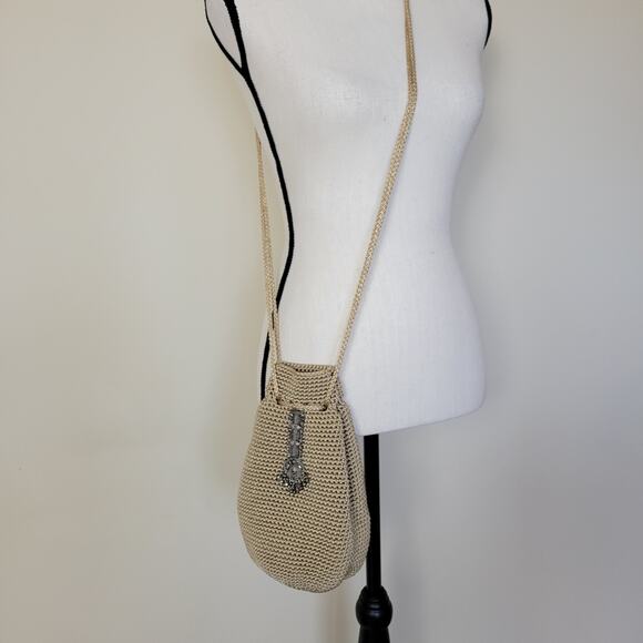 Varsha Patel Crochet Drawstring Crossbody Bag Braided Straps Aged Silver Detail - Picture 6 of 10